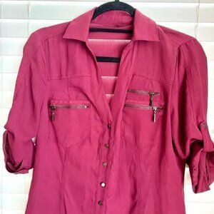 Bebe Burgundy Button Down Zip Pocket 3/4 Sleeve. Sz S 🙋‍♀️🛍😻